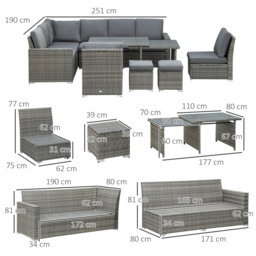 Outsunny 7 Piece Rattan Garden Furniture Set, 10-Seater Sofa Sectional with Cushioned Sofa Seat, Footstools and Expandable Glass Table for Yard Grey - thumbnail 3