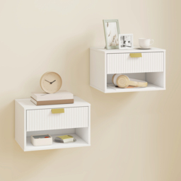 HOMCOM Set of 2 Wall Mounted Nightstands, Floating Bedside Tables with Fluted Drawer and Open Shelf for Small Bedroom, White - thumbnail 2