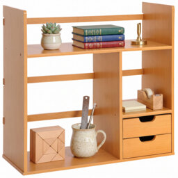 HOMCOM Desk Organiser, Bamboo Desktop Bookshelf with 2 Drawers and Stationery Storage, Reversible Use - Aosom UK