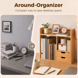 HOMCOM Desk Organiser, Bamboo Desktop Bookshelf with 2 Drawers and Stationery Storage, Reversible Use - Aosom UK - thumbnail 7