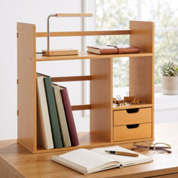 HOMCOM Desk Organiser, Bamboo Desktop Bookshelf with 2 Drawers and Stationery Storage, Reversible Use - Aosom UK - thumbnail 8