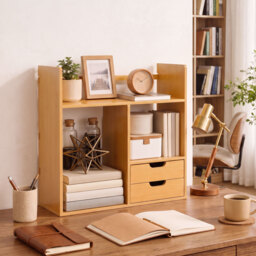 HOMCOM Desk Organiser, Bamboo Desktop Bookshelf with 2 Drawers and Stationery Storage, Reversible Use - Aosom UK - thumbnail 2
