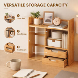 HOMCOM Desk Organiser, Bamboo Desktop Bookshelf with 2 Drawers and Stationery Storage, Reversible Use - Aosom UK - thumbnail 4