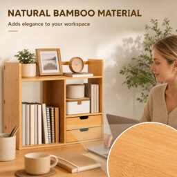HOMCOM Desk Organiser, Bamboo Desktop Bookshelf with 2 Drawers and Stationery Storage, Reversible Use - Aosom UK - thumbnail 5