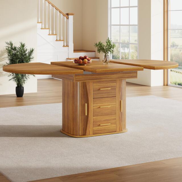 Extendable Dining Table with 3-Tier Hidden Storage and Sliding Rail, Round Kitchen Table for 6 People, 118-158L x 118W x 77H cm, Walnut - Aosom UK - image 1
