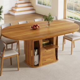 Extendable Dining Table with 3-Tier Hidden Storage and Sliding Rail, Round Kitchen Table for 6 People, 118-158L x 118W x 77H cm, Walnut - Aosom UK - thumbnail 8