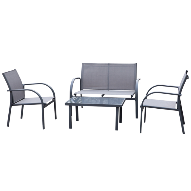 Outsunny 4 pcs Curved Steel Patio Furniture Set w/ Loveseat, Texteline Seats, Glass Top Table For Party Event, Grey - Aosom UK - image 1