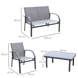 Outsunny 4 pcs Curved Steel Patio Furniture Set w/ Loveseat, Texteline Seats, Glass Top Table For Party Event, Grey - Aosom UK - thumbnail 3