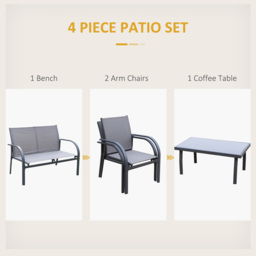 Outsunny 4 pcs Curved Steel Patio Furniture Set w/ Loveseat, Texteline Seats, Glass Top Table For Party Event, Grey - Aosom UK - thumbnail 4