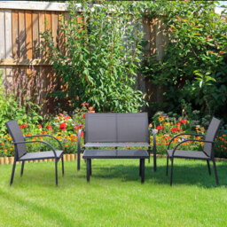 Outsunny 4 pcs Curved Steel Patio Furniture Set w/ Loveseat, Texteline Seats, Glass Top Table For Party Event, Grey - Aosom UK - thumbnail 2