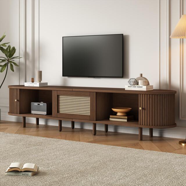 Oval TV Unit with Rattan Drawer and 2 Sliding Doors, Rounded Corner Sideboard,TV Stand Suitable for 70-inch TV, 180L x 40W x 40H cm, Oak - Aosom UK - image 1
