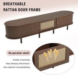 Oval TV Unit with Rattan Drawer and 2 Sliding Doors, Rounded Corner Sideboard,TV Stand Suitable for 70-inch TV, 180L x 40W x 40H cm, Oak - Aosom UK - thumbnail 6