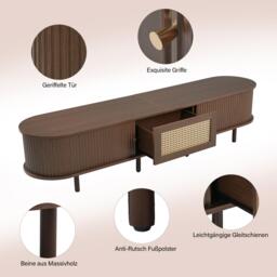 Oval TV Unit with Rattan Drawer and 2 Sliding Doors, Rounded Corner Sideboard,TV Stand Suitable for 70-inch TV, 180L x 40W x 40H cm, Oak - Aosom UK - thumbnail 5