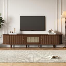 Oval TV Unit with Rattan Drawer and 2 Sliding Doors, Rounded Corner Sideboard,TV Stand Suitable for 70-inch TV, 180L x 40W x 40H cm, Oak - Aosom UK - thumbnail 9