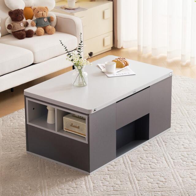 Lift-Top Coffee Table with 2 Push-to-Open Drawers and 3 Open CompartmentsStorage, Desk for Dining/Work/Relax, 100L x 51W x 47H cm, Grey - Aosom UK - image 1