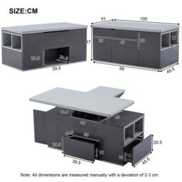 Lift-Top Coffee Table with 2 Push-to-Open Drawers and 3 Open CompartmentsStorage, Desk for Dining/Work/Relax, 100L x 51W x 47H cm, Grey - Aosom UK - thumbnail 3
