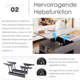 Lift-Top Coffee Table with 2 Push-to-Open Drawers and 3 Open CompartmentsStorage, Desk for Dining/Work/Relax, 100L x 51W x 47H cm, Grey - Aosom UK - thumbnail 8