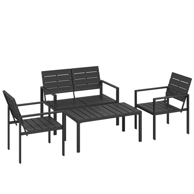 Outsunny 4 Piece Garden Furniture Set, Outdoor Sofa Set with HDPE Slatted Loveseat Armchairs Coffee Table Metal Frame, Black - image 1