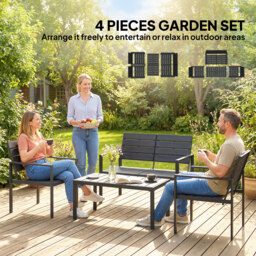 Outsunny 4 Piece Garden Furniture Set, Outdoor Sofa Set with HDPE Slatted Loveseat Armchairs Coffee Table Metal Frame, Black - thumbnail 7