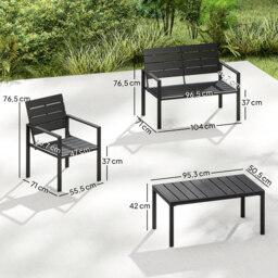 Outsunny 4 Piece Garden Furniture Set, Outdoor Sofa Set with HDPE Slatted Loveseat Armchairs Coffee Table Metal Frame, Black - thumbnail 3