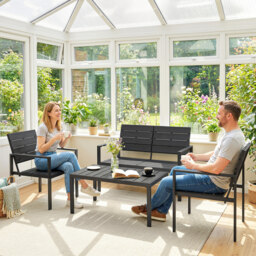 Outsunny 4 Piece Garden Furniture Set, Outdoor Sofa Set with HDPE Slatted Loveseat Armchairs Coffee Table Metal Frame, Black - thumbnail 8