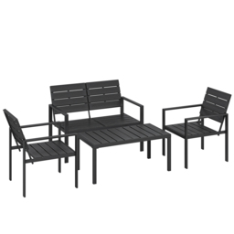 Outsunny 4 Piece Garden Furniture Set, Outdoor Sofa Set with HDPE Slatted Loveseat Armchairs Coffee Table Metal Frame, Black - thumbnail 1