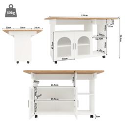 Mobile Kitchen Island with Fold-Down Dining Extensions, Versatile Serving Trolley with Open Shelves, 120L x 30-70W x 79.5H cm, White - Aosom UK - thumbnail 3