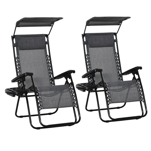 Outsunny 2 Piece Foldable Reclining Garden Chair with Headrest, Zero Gravity Deck Sun Lounger Seat Chair with Canopy Shade, Light Grey - image 1