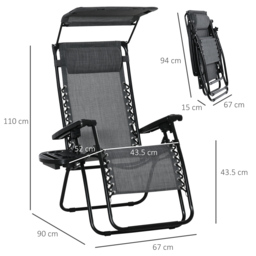 Outsunny 2 Piece Foldable Reclining Garden Chair with Headrest, Zero Gravity Deck Sun Lounger Seat Chair with Canopy Shade, Light Grey - thumbnail 3