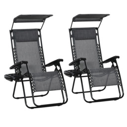Outsunny 2 Piece Foldable Reclining Garden Chair with Headrest, Zero Gravity Deck Sun Lounger Seat Chair with Canopy Shade, Light Grey - thumbnail 1