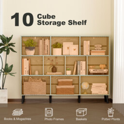 HOMCOM 10-Cube Bookcase, 3-Tier Book Shelf with Solid Wood Legs, 140 cm Modern Bookshelf with Anti-Tip Kit, Light Green - thumbnail 4