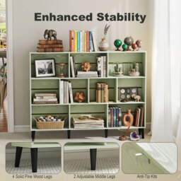 HOMCOM 10-Cube Bookcase, 3-Tier Book Shelf with Solid Wood Legs, 140 cm Modern Bookshelf with Anti-Tip Kit, Light Green - thumbnail 5