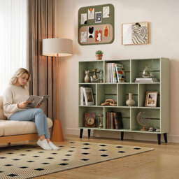 HOMCOM 10-Cube Bookcase, 3-Tier Book Shelf with Solid Wood Legs, 140 cm Modern Bookshelf with Anti-Tip Kit, Light Green - thumbnail 9