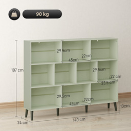 HOMCOM 10-Cube Bookcase, 3-Tier Book Shelf with Solid Wood Legs, 140 cm Modern Bookshelf with Anti-Tip Kit, Light Green - thumbnail 3