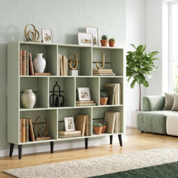 HOMCOM 10-Cube Bookcase, 3-Tier Book Shelf with Solid Wood Legs, 140 cm Modern Bookshelf with Anti-Tip Kit, Light Green - thumbnail 2