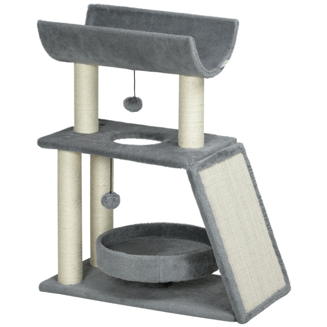 PawHut Cat Tree Tower: Scratching Posts, Cosy Bed & Perch, Interactive Ball Toy for Feline Fun, Light Grey - Aosom UK - image 1