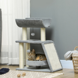PawHut Cat Tree Tower: Scratching Posts, Cosy Bed & Perch, Interactive Ball Toy for Feline Fun, Light Grey - Aosom UK - thumbnail 2