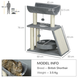 PawHut Cat Tree Tower: Scratching Posts, Cosy Bed & Perch, Interactive Ball Toy for Feline Fun, Light Grey - Aosom UK - thumbnail 3