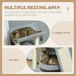 PawHut Cat Tree Tower: Scratching Posts, Cosy Bed & Perch, Interactive Ball Toy for Feline Fun, Light Grey - Aosom UK - thumbnail 5