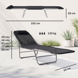 Outsunny Garden Lounger, Portable Outdoor Patio Sun Bed Chair, Adjustable Back Recliner, Lightweight, Light Black - Aosom UK - thumbnail 3