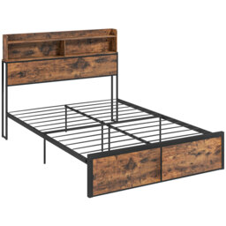 HOMCOM Industrial Double Bed Frame with Storage Headboard and Under Bed Space, Steel Bed Base, Rustic Brown - Aosom UK