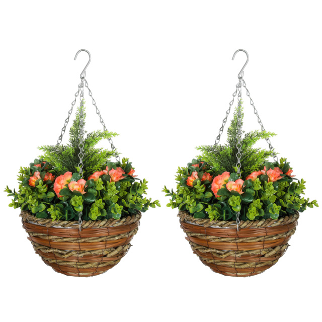 Outsunny Pack of 2 Faux Plant Artificial Lisianthus Flowers Hanging Planter with Basket for Indoor Outdoor Decoration, Orange - image 1