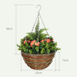 Outsunny Pack of 2 Faux Plant Artificial Lisianthus Flowers Hanging Planter with Basket for Indoor Outdoor Decoration, Orange - thumbnail 3