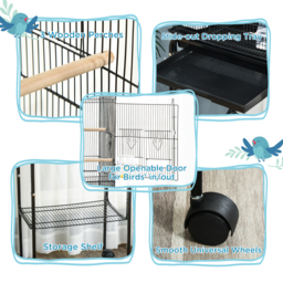 PawHut Bird Cage Budgie Cages for Finch Canary Parakeet with Stand Wheels Slide-out Tray Accessories Storage Shelf, Black - thumbnail 5