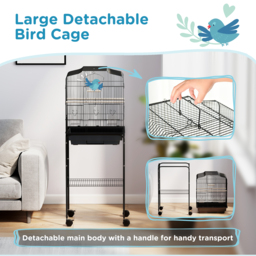 PawHut Bird Cage Budgie Cages for Finch Canary Parakeet with Stand Wheels Slide-out Tray Accessories Storage Shelf, Black - thumbnail 4