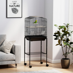 PawHut Bird Cage Budgie Cages for Finch Canary Parakeet with Stand Wheels Slide-out Tray Accessories Storage Shelf, Black - thumbnail 2
