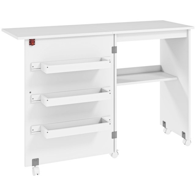HOMCOM Folding Sewing Table, Drop Leaf Craft Table with Storage Bins, Open Shelf and Wheels for Small Space, White - Aosom UK - image 1