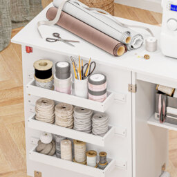 HOMCOM Folding Sewing Table, Drop Leaf Craft Table with Storage Bins, Open Shelf and Wheels for Small Space, White - Aosom UK - thumbnail 9