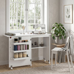 HOMCOM Folding Sewing Table, Drop Leaf Craft Table with Storage Bins, Open Shelf and Wheels for Small Space, White - Aosom UK - thumbnail 8