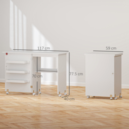 HOMCOM Folding Sewing Table, Drop Leaf Craft Table with Storage Bins, Open Shelf and Wheels for Small Space, White - Aosom UK - thumbnail 3